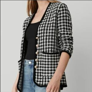 Ann Taylor Tweed V-neck Knit Blazer Size Large Woven Old Money Preppy Modest